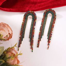 StyleCast Gold-Plated Rhinestone Studded Tasselled Contemporary Drop Earrings-image-72