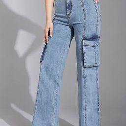 Life With Pockets Chill Glint Women Heavy Fade Cargo Styles Wide Leg Denim Jeans-image-92