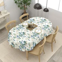 Clasiko Off White & Blue Floral Printed Anti-Skid Cotton 4-Seater Table Cover-26