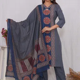 SARAI CREATIONS Ajrakh Printed Pure Cotton Straight Kurta With Trousers And Dupatta-picture-21