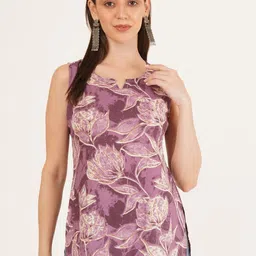Brownverse Floral Printed Notch-Neck Sleeveless Pure Cotton Kurti-picture-27
