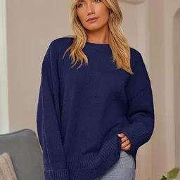 StyleCast Navy Blue Solid Long Sleeves Round Neck Sweaters-picture-10