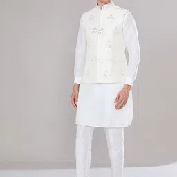 RNG Safawala Mandarin Collar Mirror Work Raw Silk Straight Kurta With Trousers & Jacket-image-65