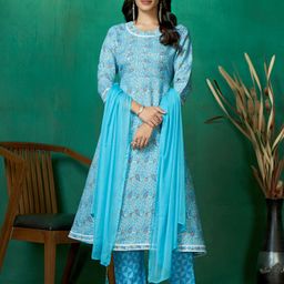 DIVASTRI Women Ethnic Motifs Printed Regular Gotta Patti Pure Cotton Kurta with Trousers & With Dupatta-image-49