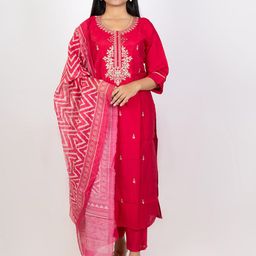 The Kalakriti House Women Ethnic Motifs Embroidered Regular Thread Work Pure Silk Kurta with Trousers & With-image-52