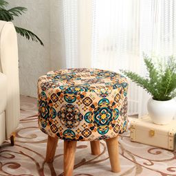 NACIA Yellow & Blue Ethnic Motifs Printed Round Shape Ottoman Pouffes Stool-image-35