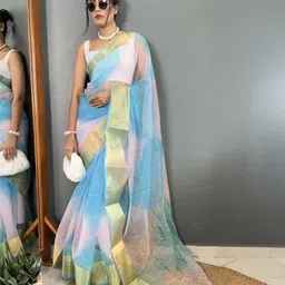 HERE&NOW Tie and Dye Zari Organza Kanjeevaram Saree-image-83