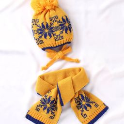 Babyhug Woollen Jacuard Cap with Scarf Yellow - Diameter 7 cm-15