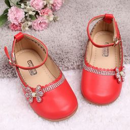 Cute Walk by Babyhug Party Wear Belly Shoes Studded Floral Detailing - Red-image-100