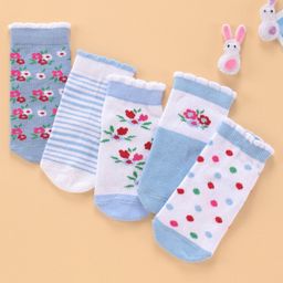 Cute Walk by Babyhug Ankle Length Antibacterial Socks Floral Design Pack of 5 - Blue-image-47