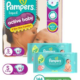 Pampers Active Baby Taped Diapers, Small size diapers, (SM) 92 count, taped style custom fit & Pampers Baby Gentle wet wipes with Aloe, 144 count, 97 Pure Water-image-21