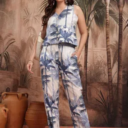 Sangria Printed V-Neck Waistcoat & Trousers Co-Ord Set-image-84