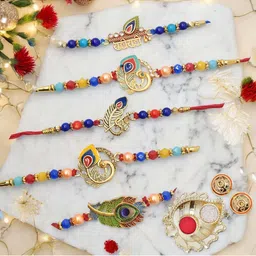 MEIRA JEWELLERY Set Of 5 Beaded Peacock Feather Rakhi Comes with Roli Chawal & Card-17