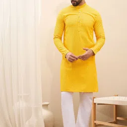 House of Pataudi Ethnic Motifs Embroidered Sequnnied Band Collar Straight Kurta-image-27