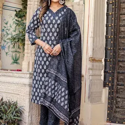 Moda Rapido Floral Printed V Neck Pure Cotton Kurta With Trousers & Dupatta-image-58