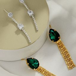 DressBerry Set of 2 Rhodium-Plated & Green Brass Artificial Stones & Beads Contemporary Drop Earrings-picture-47