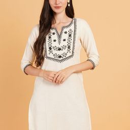 Brownverse Women Embroidered Flared Sleeves Khadi Kurta-image-31