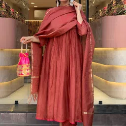 DIVASTRI Women Ethnic Motifs Embroidered Pleated Sequinned Kurta with Trousers & With Dupatta-picture-19