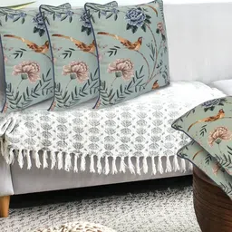 KANUSHI INDUSTRIES Sea Green & Brown Set of 5 Floral Square Cushion Covers-image-62