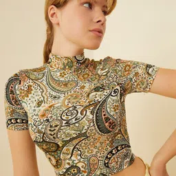 VANGULL Women Ethnic Motif Printed High Neck Short Sleeve Crop Top-picture-48