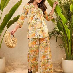 IMANA Tropical Printed Pure Cotton Mandarin Collared Top & Trouser Co-ord Set-0
