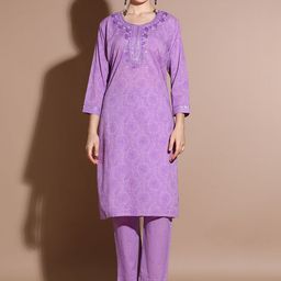 Anouk Purple Floral Printed Mirror Work Pure Cotton Straight Kurta With Trouser-picture-24