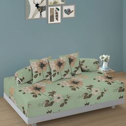 Aura Set Of 6 Green & Brown Printed Floral TC Cotton Diwan Set-33