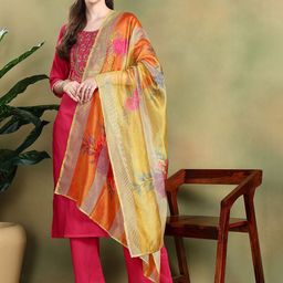 Aumira Women Ethnic Motifs Embroidered Kurti with Palazzos & Dupatta-image-23