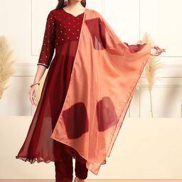 Sangria Floral Embroidered Mirror Work V-Neck Anarkali Kurta With Trousers & Dupatta-picture-25