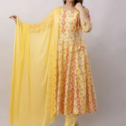 Aawari Ethnic Motifs Printed Angrakha Pure Silk Anarkali Kurta with Trousers & Dupatta-picture-5
