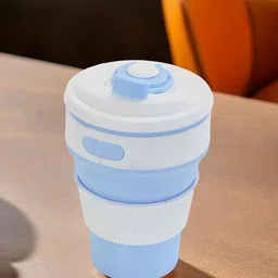 Kuber Industries Blue & White 4 Pieces Textured Collapsible Cup With Lid 350ml-24