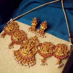 StileAdda Gold-Plated Stone Studded & Beaded Lakshmi Goddess Temple Jewellery Set-image-14