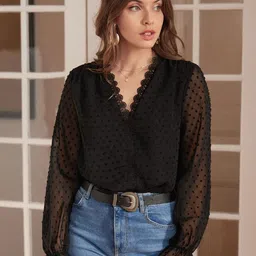 MIZAGO Women Self Design V-Neck Puff Sleeves Top-picture-18