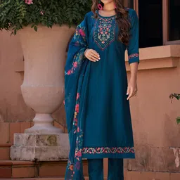 Varanga Floral Yoke Design Thread Work Straight Kurta With Trouser And Dupatta-5