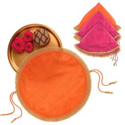 Kuber Industries 4Pcs Orange Colored & Pink Pooja Thalposh Organza Cover Cloth Potli-25