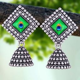 MEENAZ Set Of 5 Silver-Plated Dome Shaped Oxidised Jhumkas-49