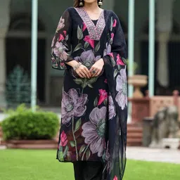 KALINI Women Floral Embroidered Regular Thread Work Kurta with Trousers & With Dupatta-37