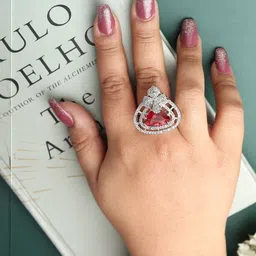 DIVASTRI Rhodium-Plated White and Ruby CZ Studded American Diamond Adjustable Ring-picture-30
