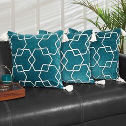 Ode & Cleo Turquoise Blue & White Set of 3 Embroidered Square Cushion Covers-32