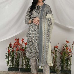 YASH GALLERY Women Geometric Printed Cotton Straight Kurta with Trousers & Dupatta-16