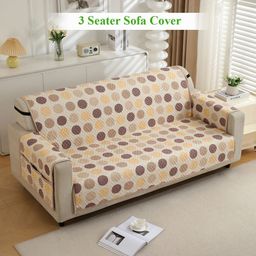 HOKIPO Brown Polka Dot 3 Seater Quilted Sofa Cover With Pockets-image-95
