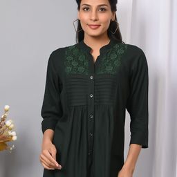 IQRAAR Embellished Mandarin Collar Cotton Top-image-3