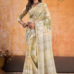 VS MALL Women Ethnic Motifs Digital Printed Linen Blend Saree With Blouse Piece-32