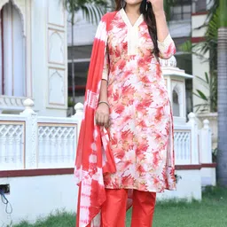 Yavie Abstract Printed V-Neck Thread Work Straight Kurta With Trousers & Dupatta-22