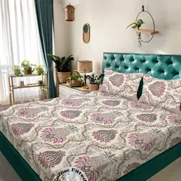 KLOTTHE Beige & Pink Floral 300 TC Fitted King Double Bedsheet Set-2.50mx 2.25m-image-63