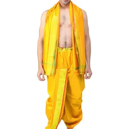Exotic India Men Art Silk Ready to Wear Dhoti and Angavastram Set with Woven Golden Border-picture-42