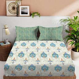 VINTANA White & Blue 160 TC Queen Bedsheet with 2 Pillow Covers-30