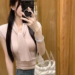 KPOP Women Scarf Neck Short Sleeves Fitted Top-image-40