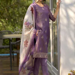 SHREE LAXMINARAYAN EXPORT Printed Tissue Round Neck Straight Kurta With Trousers & Dupatta image 4