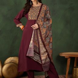 Sangria Floral Yoke Design Round Neck Straight Kurta & Trousers With Dupatta-image-82